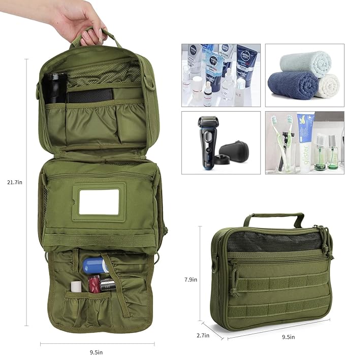 SUNRISING Tactical Toiletry Bag for Men - Hanging Travel Dopp Kit, Shaving Hygiene Organizer, Durable Bathroom Essentials for Short Trips & Camping Army Green