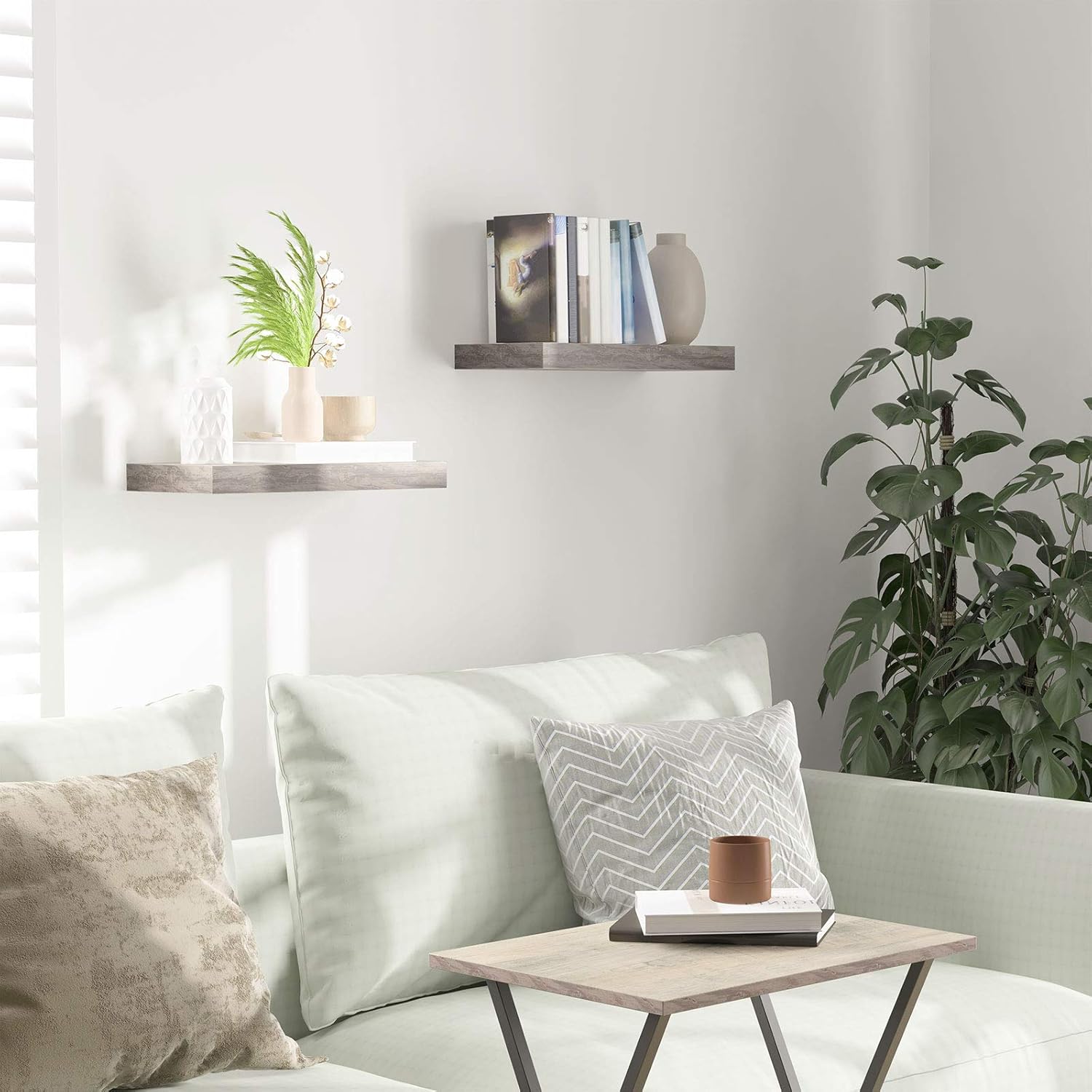 HOOBRO Floating Shelves for Wall, Wall Mounted Shelf Set of 2, 15.7" Hanging Shelf with Invisible Brackets, for Wall in Bathroom, Bedroom, Toilet, Kitchen, Living Room, Office, Greige BG40BJ01