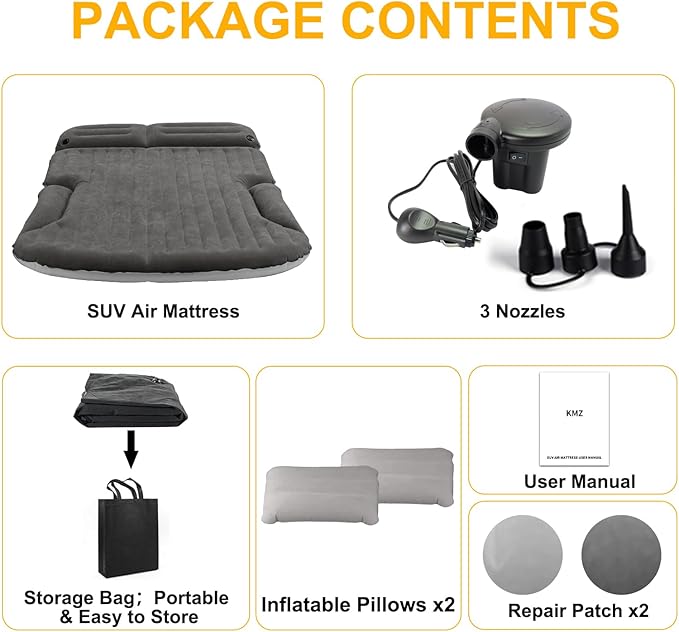 KMZ SUV Air Mattress Thickened and Double-Sided Flocking Travel Camping Bed with 2 Pillows & Electric Pump Dedicated Mobile Cushion Inflatable Bed for SUV Trunk and Rear Seat (Dark Gray)