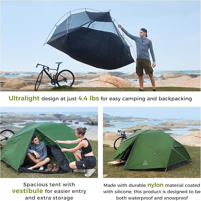 ATEPA Ultralight Backpacking Tent, 2 Person 1 Person Nylon Lightweight 4000MM+ Waterproof Windproof Portable Tent with Aluminum Frame & Rainfly for Backpacking Hiking Camping Motorcycle, 4 Season