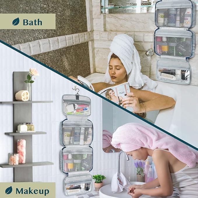 PAVILIA Hanging Toiletry Bag Travel Bag Women Men, Foldable Cosmetic Organizer, Roll up Makeup Bag, Water Resistant Accessories Toiletries, Large Travel Essentials Kit (Navy Stripe)