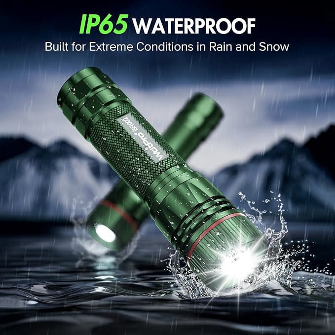 WdtPro Rechargeable Flashlights High Lumens, 2 Pack Super Bright LED Small Tactical EDC Flashlight with 10H Runtime, Portable Flash light for Camping, Home, Emergency Essentials Green Battery Included