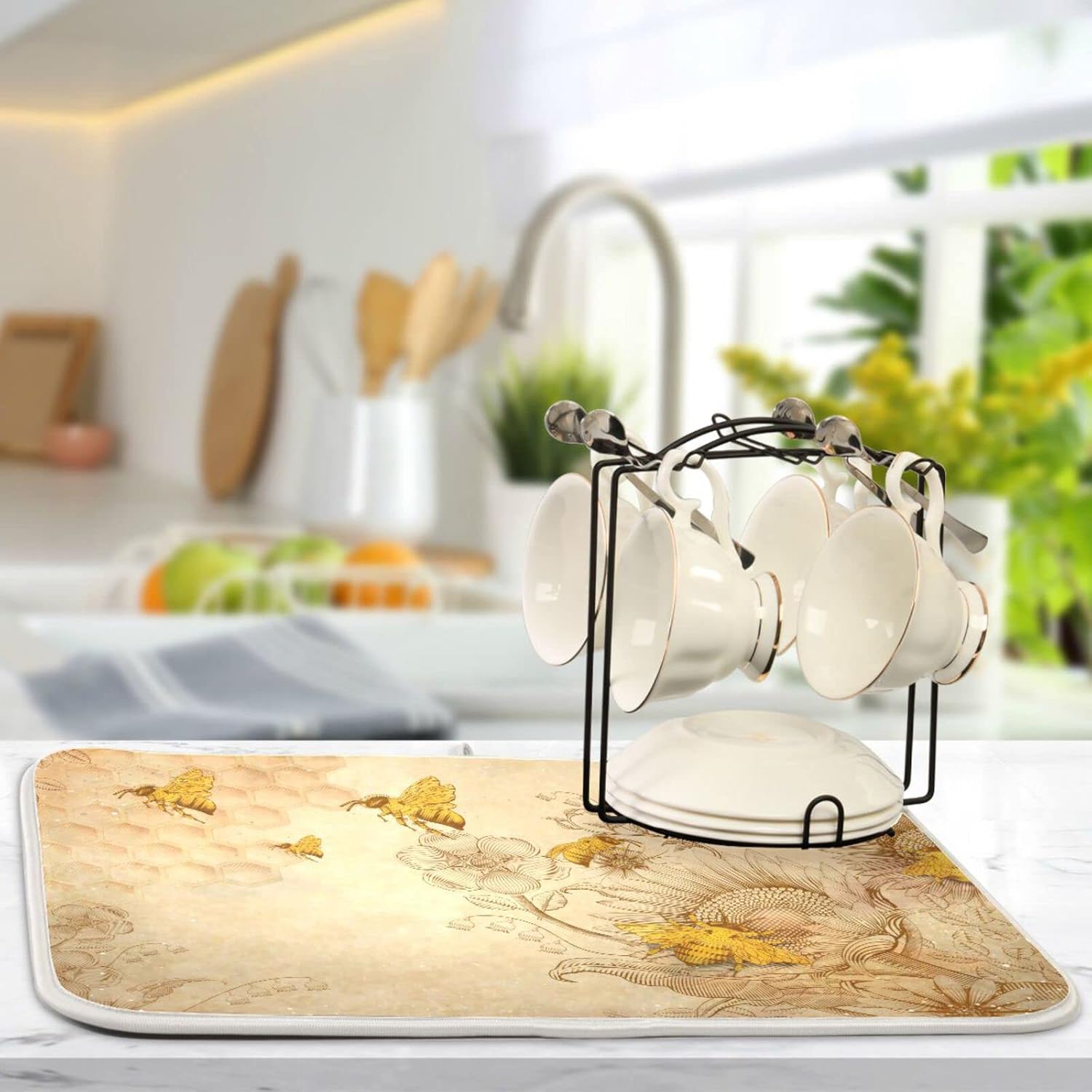 Super Absorbent Dish Drying Mat, Microfiber Fast-Drying Dish Mat, 24" x 18", Kitchen Dish Drying Pad, Sunflower Bee Retro