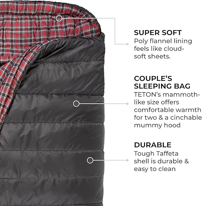 Teton Mammoth Queen Size Double Sleeping Bag- A Warm Bag The Whole Family can Enjoy – Great for Camping, Hunting and Base Camp. Compression Sack Included