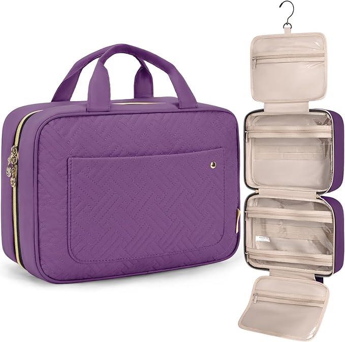 BAGSMART Toiletry Bag Travel Bag with Hanging Hook, Water-resistant Makeup Cosmetic Bag Travel Organizer for Accessories, Shampoo, Full Sized Container, Toiletries (Purple, Medium)