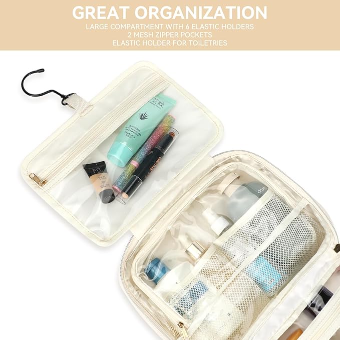 Voova Hanging Travel Toiletry Bag for Women Men, Waterproof Makeup Cosmetic Organizer Holder for Toiletries Accessories, Traveling Essentials,Shampoo,Full-Sized Container, Brushes Kit Set, Beige