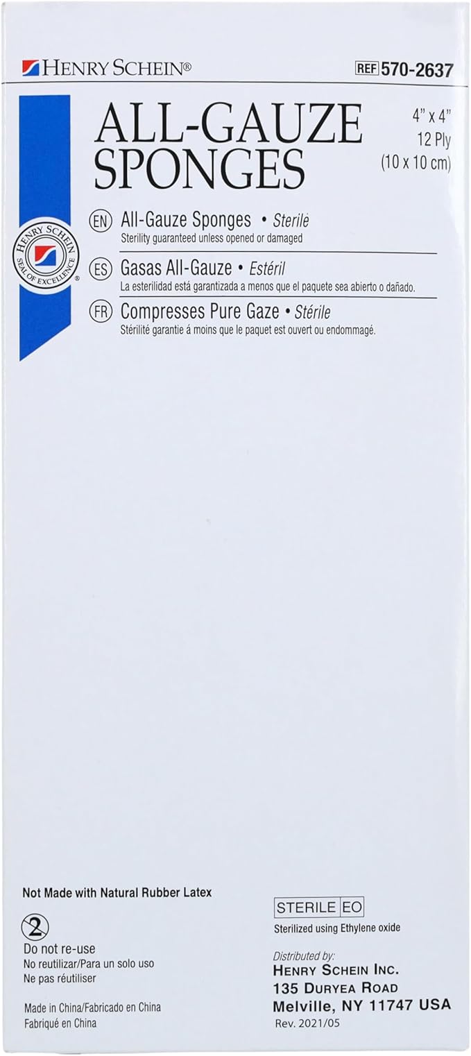 Premium 100% Cotton All-Gauze Sponge 4x4 12 Ply Sterile Square for Wound Care & Home First Aid Kits - 2 Packs (50 /Pack)