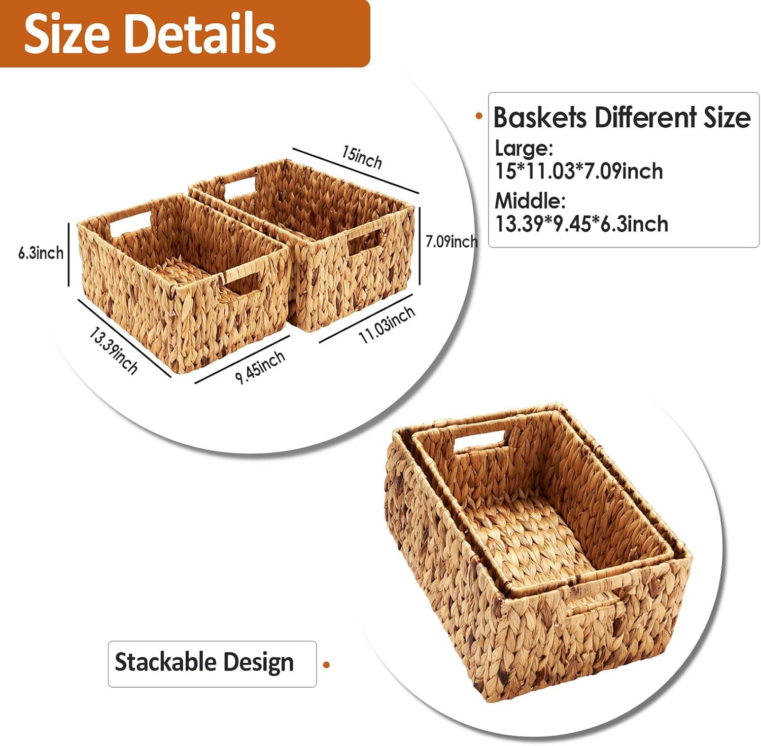 Wicker Baskets 2 Pack, Water Hyacinth Rectangular Storage Basket with Handles, Large for Organizing, Natural