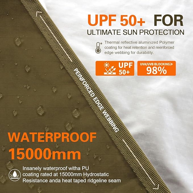 GOLDCAMP Bushcraft Emergency Camping Tarp，70D Nylon 10X13.2FT Hammock Rain Fly ，UV 50+ and PU15000mm Tent Tarp Shelter Canopy，Heavy Duty Multifunctional Sun Shade Essentials for Hiking (10X13.2ft)