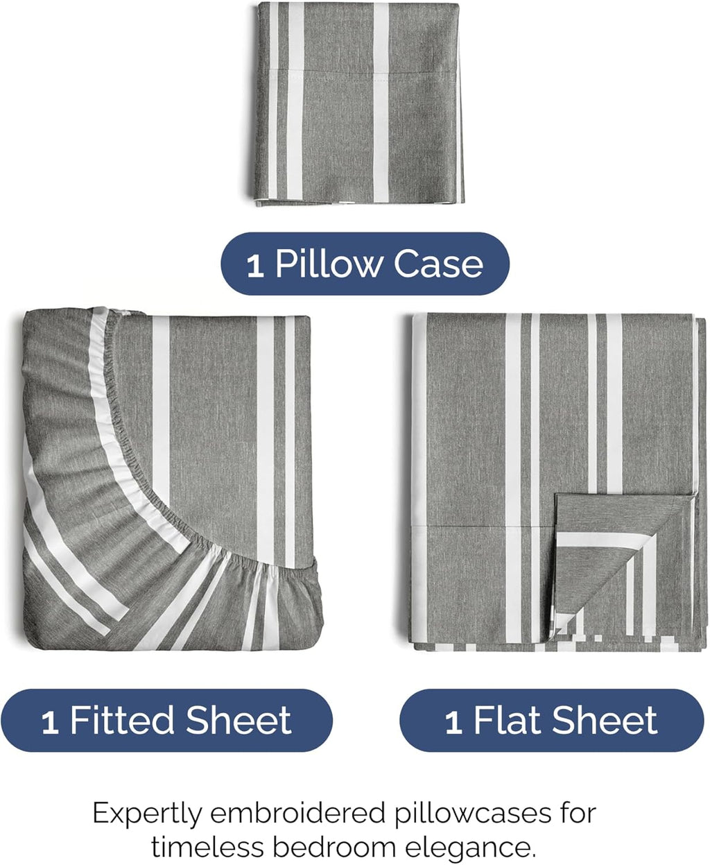 Twin Size 3 Piece Sheet Set - Comfy Breathable & Cooling Bed Sheets Set - Hotel Luxury Bedding for Women, Men, Kids, Teens, Boys & Girls - Deep Pockets, Soft, Wrinkle Free - Oeko-Tex - Grey Stripes 3