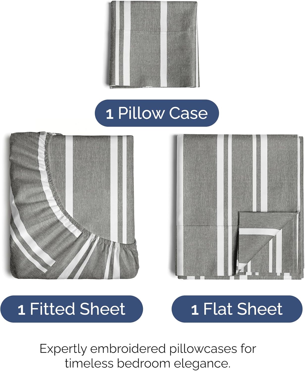 Twin Size 3 Piece Sheet Set - Comfy Breathable & Cooling Bed Sheets Set - Hotel Luxury Bedding for Women, Men, Kids, Teens, Boys & Girls - Deep Pockets, Soft, Wrinkle Free - Oeko-Tex - Grey Stripes 3