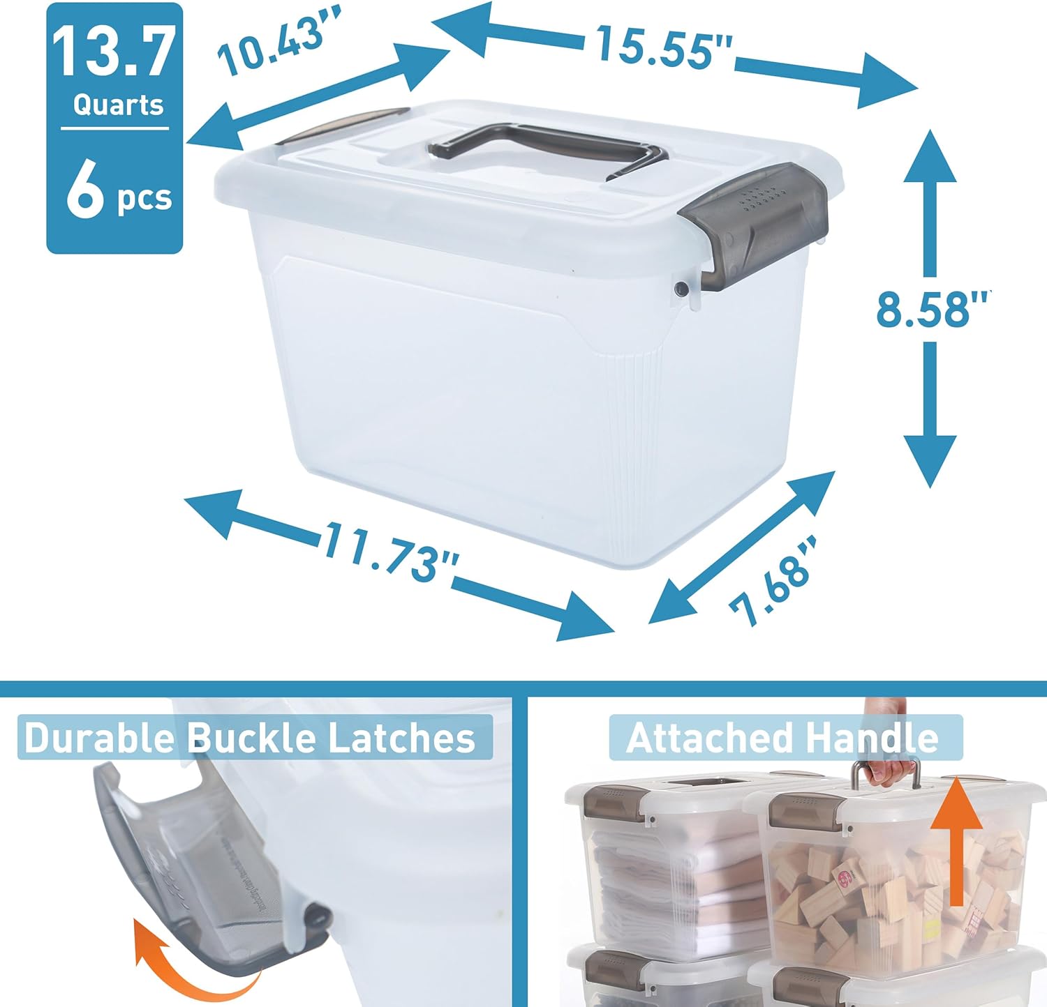 Citylife 6 Packs 13.7 QT Storage Bins with Lids Clear Plastic Bins with Grey Handle Stackable Storage Containers for Organizing