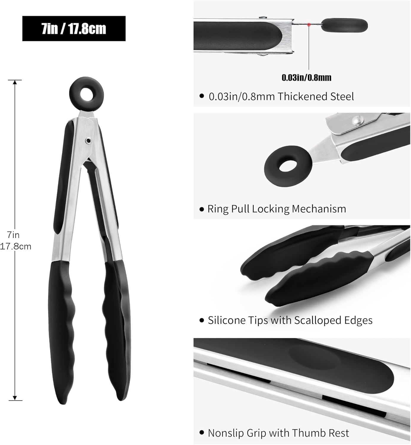 Doosu Kitchen Tongs for Cooking - 600°F Heat Resistant Food Tong with Non-Scratch Silicone Tips, Heavy Duty Stainless Steel Locking Tong for BBQ, Grilling Steak, Serving Salad, Pasta (7in, Black)