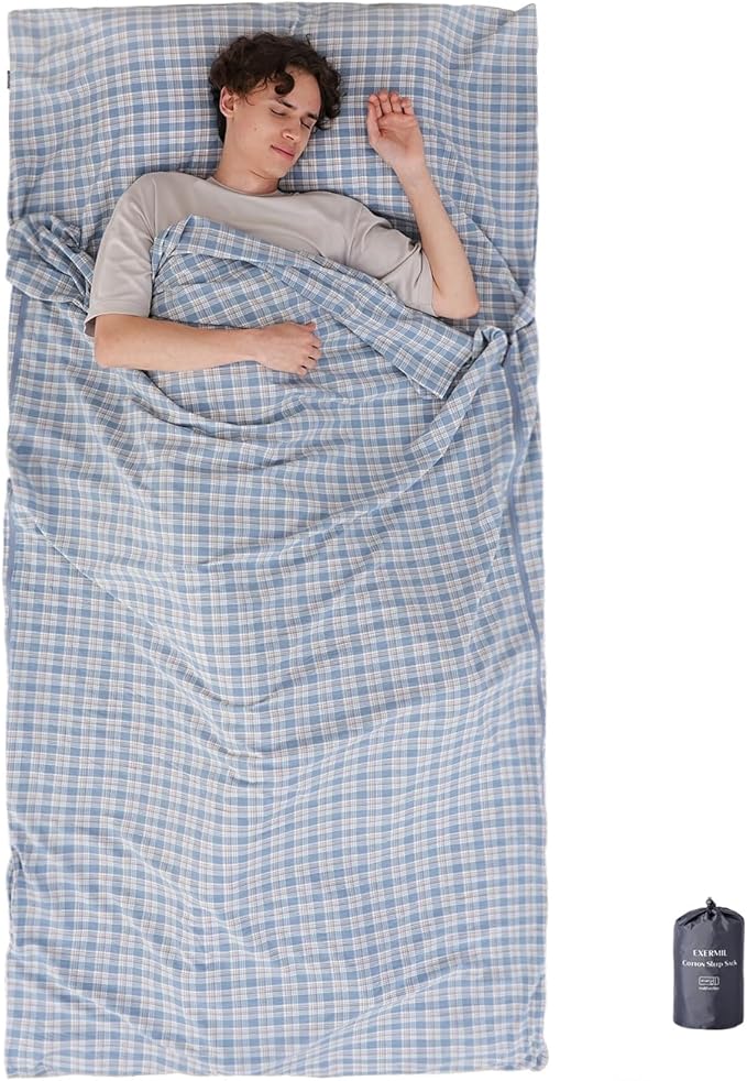 100% Cotton Sleeping Bag Liner with Full Length Zipper on 3 Sides; Single/Double Adult Sleep Sack for Travel & Camping, Multifunctional Travel Sheets (Unzipped 87”x87”) for Hotel, Lightweight