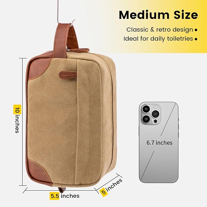 Vorspack Toiletry Bag Hanging Dopp Kit for Men Water Resistant Canvas Shaving Bag with Large Capacity for Travel - Brown