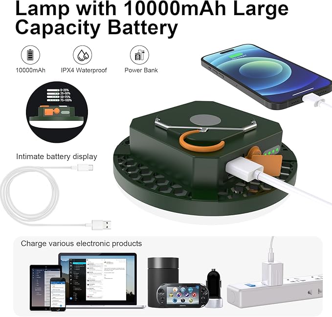 2pcs 10000mAh Rechargeable 3000LM Tent Light Camping Light, 6500K 24Hours Long Play Time , Outdoor Night Market Light Night Fishing Light Emergency Lights for Hurricane Tsunami disasters (Green)