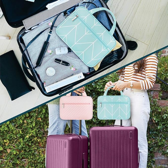 PAVILIA Hanging Toiletry Bag Travel Bag Women Men, Foldable Cosmetic Organizer, Roll up Makeup Bag, Water Resistant Accessories Toiletries, Large Travel Essentials Kit (Teal Chevron)