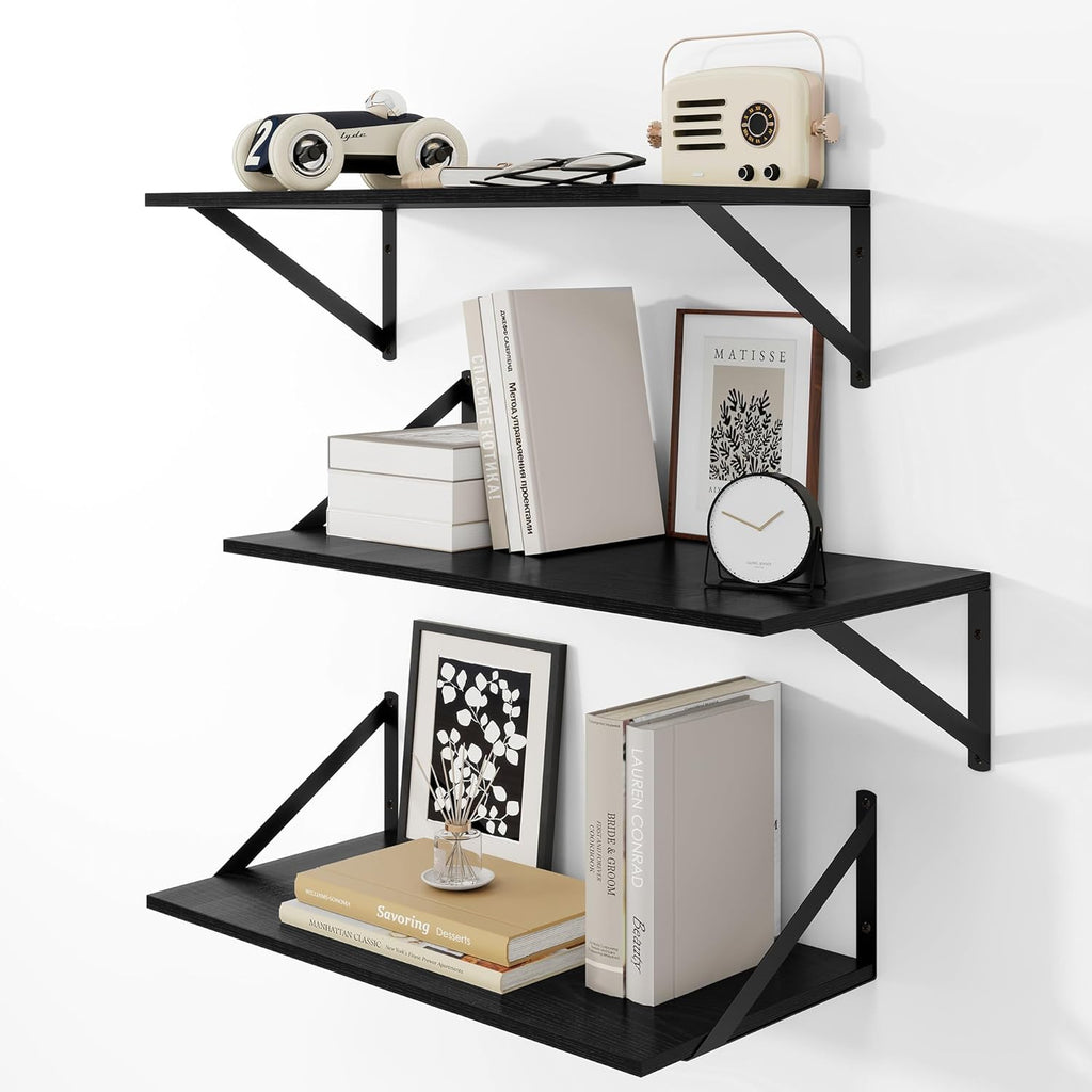 Heimlove 24" W x 12" D Wall Shelves for Books, 12 Inch Deep Floating Shelves Set of 3, Wide Floating Bookshelf with Metal Bracket for Living Room, Kitchen, Office, Bedroom and Decor Storage - Black