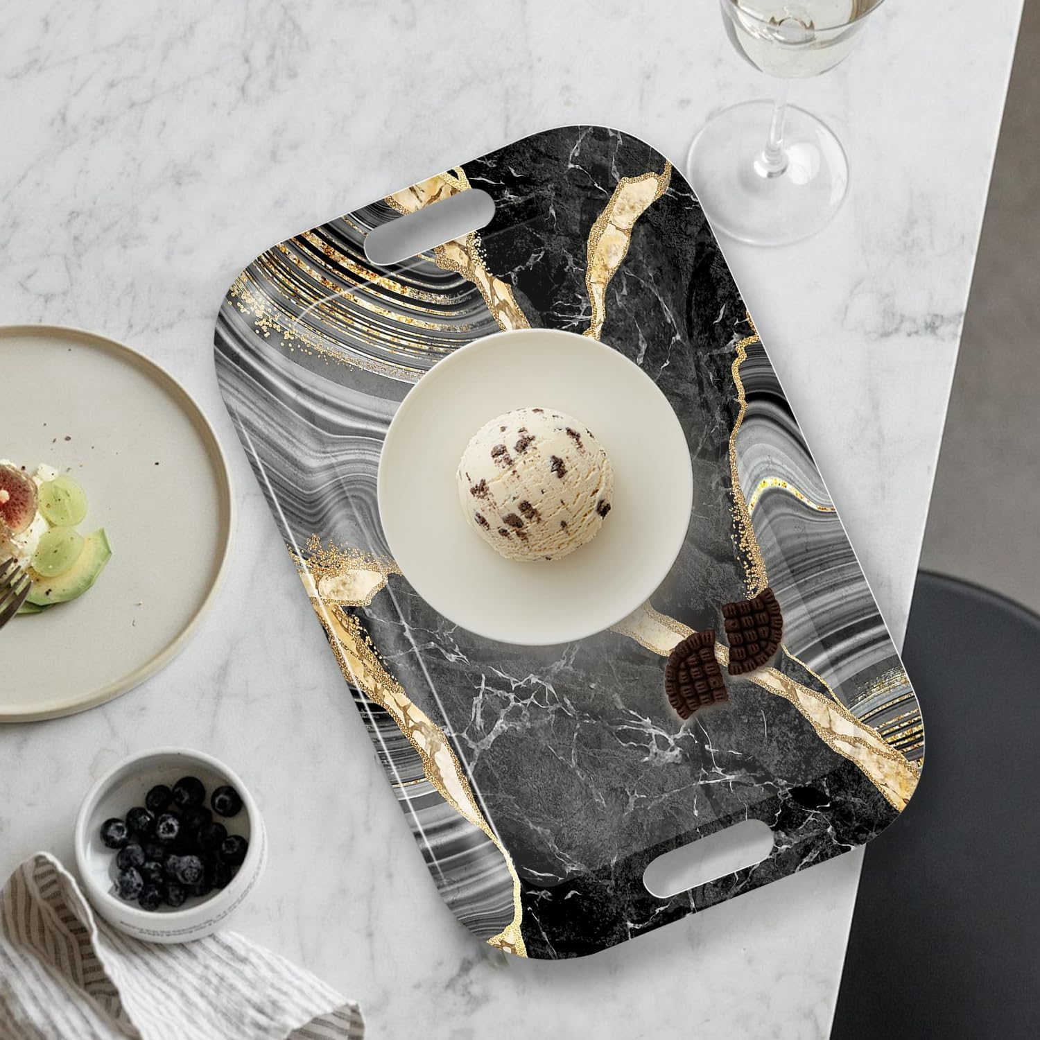 Serving Trays with Handles, 14.5 x 9.8 inch Rectangular Plastic Tray for Restaurant, Kitchen, Abstract Background Black Marble