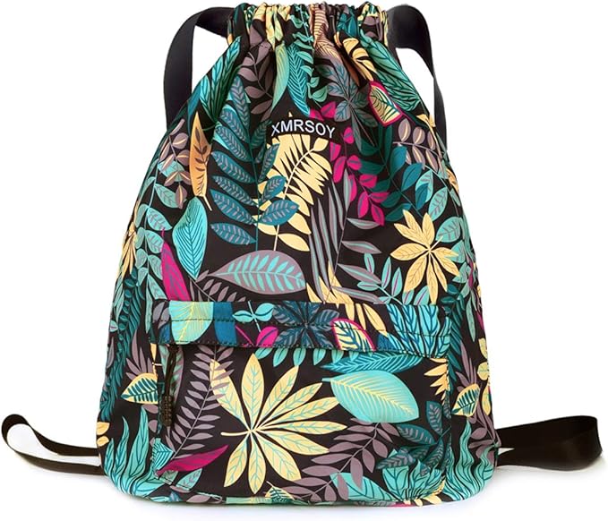 Gym Drawstring Backpack Water Resistant String Bag Nylon Cinch Sport Bag Leaf Sackpack