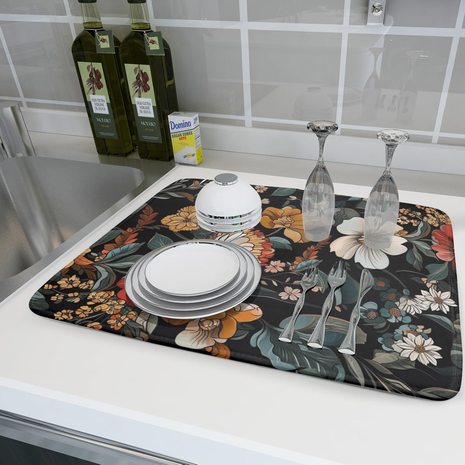 Vintage Floral Dish Drying Mat 18x24 inch Boho Flower Drainer Mats Fast Dry Absorbent Washable Dish Rack Pad Protector Kitchen Accessories