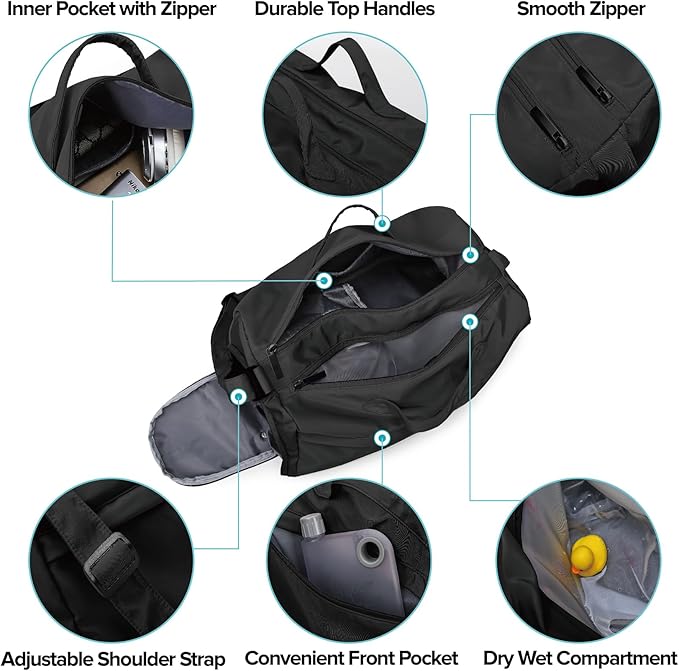 Sports Gym Bag for Women, Travel Workout Duffel Bag Overnight Shoulder Bag with Shoes Compartment and Wet Pocket Lightweight Weekend Bag Waterproof Black