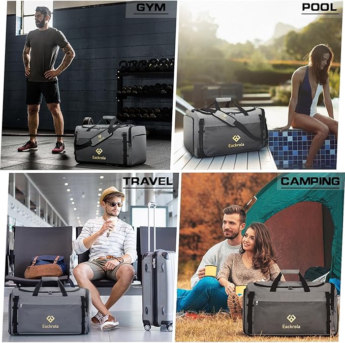 Eackrola Large Sports Gym Bag, Travel Duffel bag with Wet Pocket & Shoes Compartment for men women, 65L, Lightweight（Light Gray）