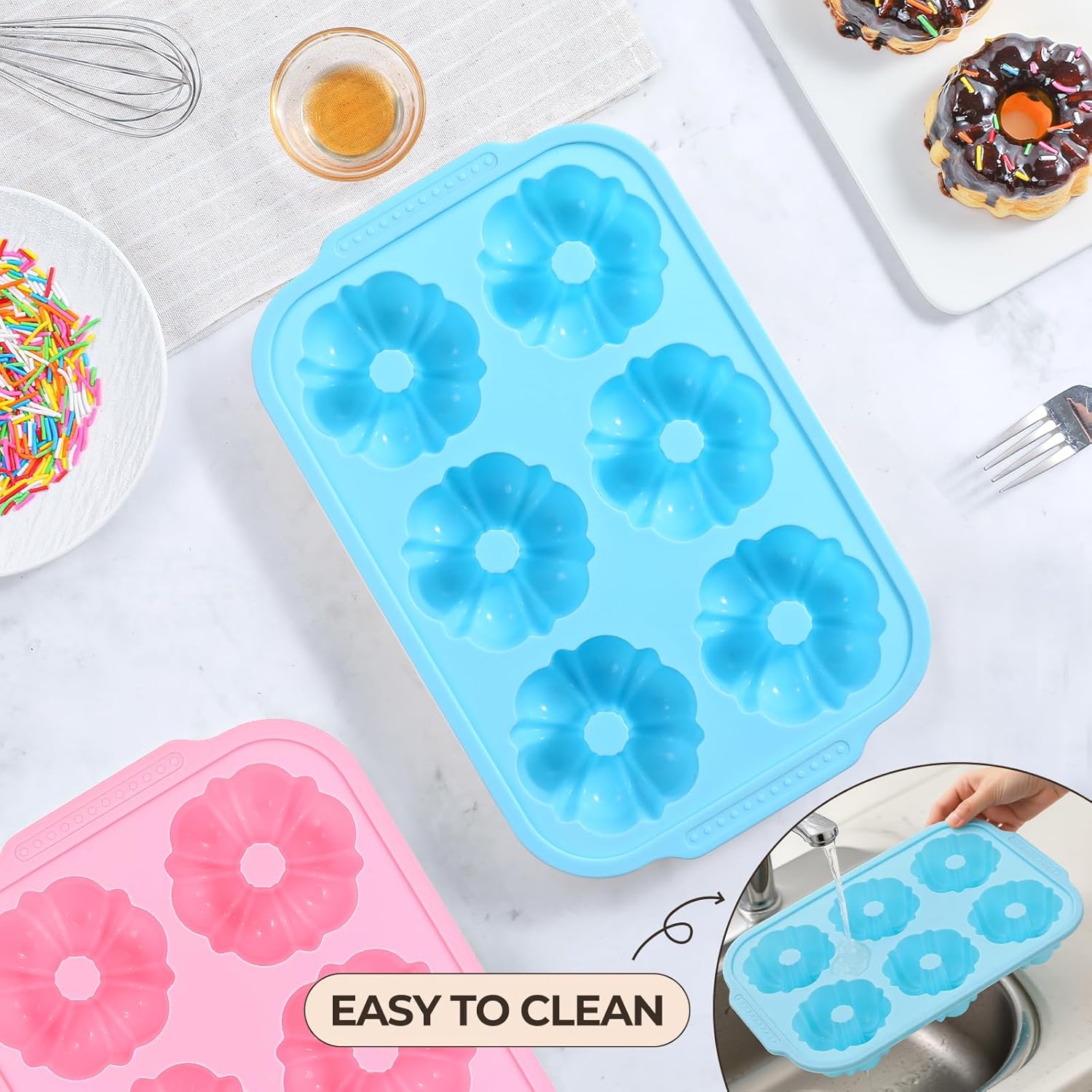 Mini Bundt Cake Pans for Baking, 2Pcs Silicone 6-Cavity Fluted Tube Cake Pan with Metal Reinforced Frame, Nonstick Baking Molds for Cupcake, Brownie, Donuts, Cornbread, Jello