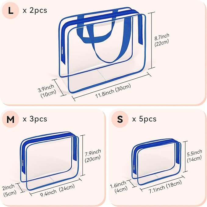 TISRATOK 10 PCS Clear Travel Makeup Toiletry Bag, Plastic PVC Cosmetic TSA Approved Organizer Kit with Zipper Handbag（Blue）