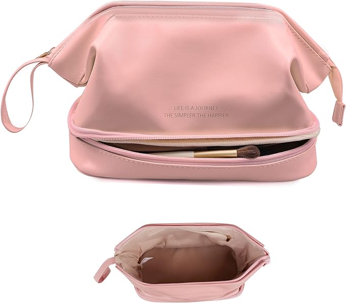 Abiudeng Large Capacity Makeup Bag Ladies Cosmetic Bag Travel Bag with Compartments Portable PU Leather Travel Makeup Bag with Handle