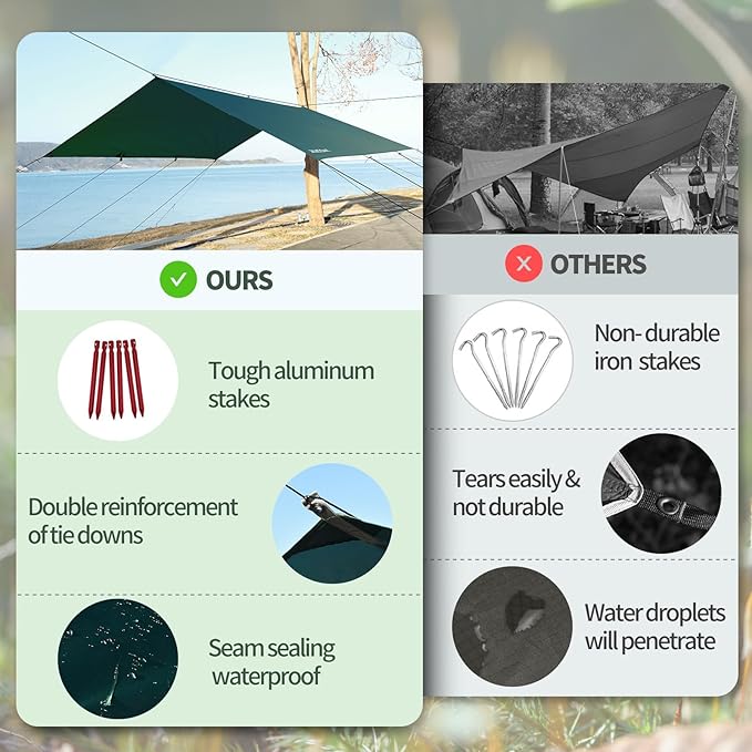 Waterproof Camping Tarp - 10X16.4ft Hammock Rain Fly, Ultralight & Portable & UV Protection Backpacking Tarp, Multifunctional for Outdoor Adventure, Hiking, Tent, Hammock