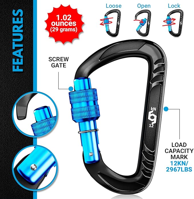 12kN (2697 lbs) Heavy Duty, Locking, Auto Locking, Wiregate Carabiner Clips, for Securing Pets, Outdoor, Camping, Hiking, Hammock, Dog Leash Harness, Keychains