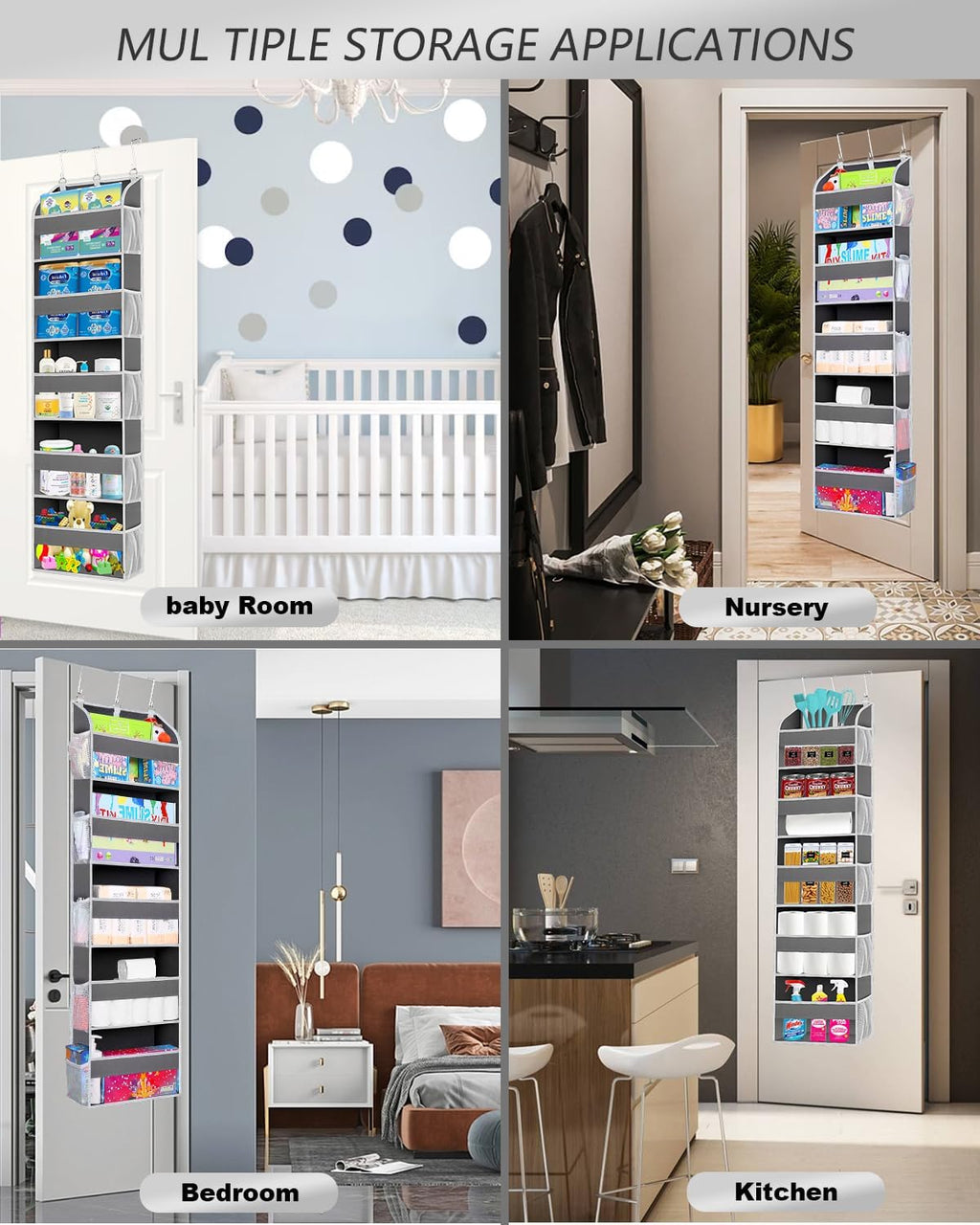 2 Pack Over The Door Storage Organizer with 5 Pockets 10 Mesh Side Pockets, 44 lbs Weight Capacity Door Hanging Organizers and Storage for Bedroom,Bathroom,Nursery,Pantry,Dorm(Dark Gray)