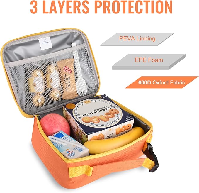 2 Packs Insulated Soft Lunch Bag With Double Zipper - Sturdy, Freezable and Reusable for Kids, Men - For School, Work, Outdoor (B-2pk Blue+Orange)