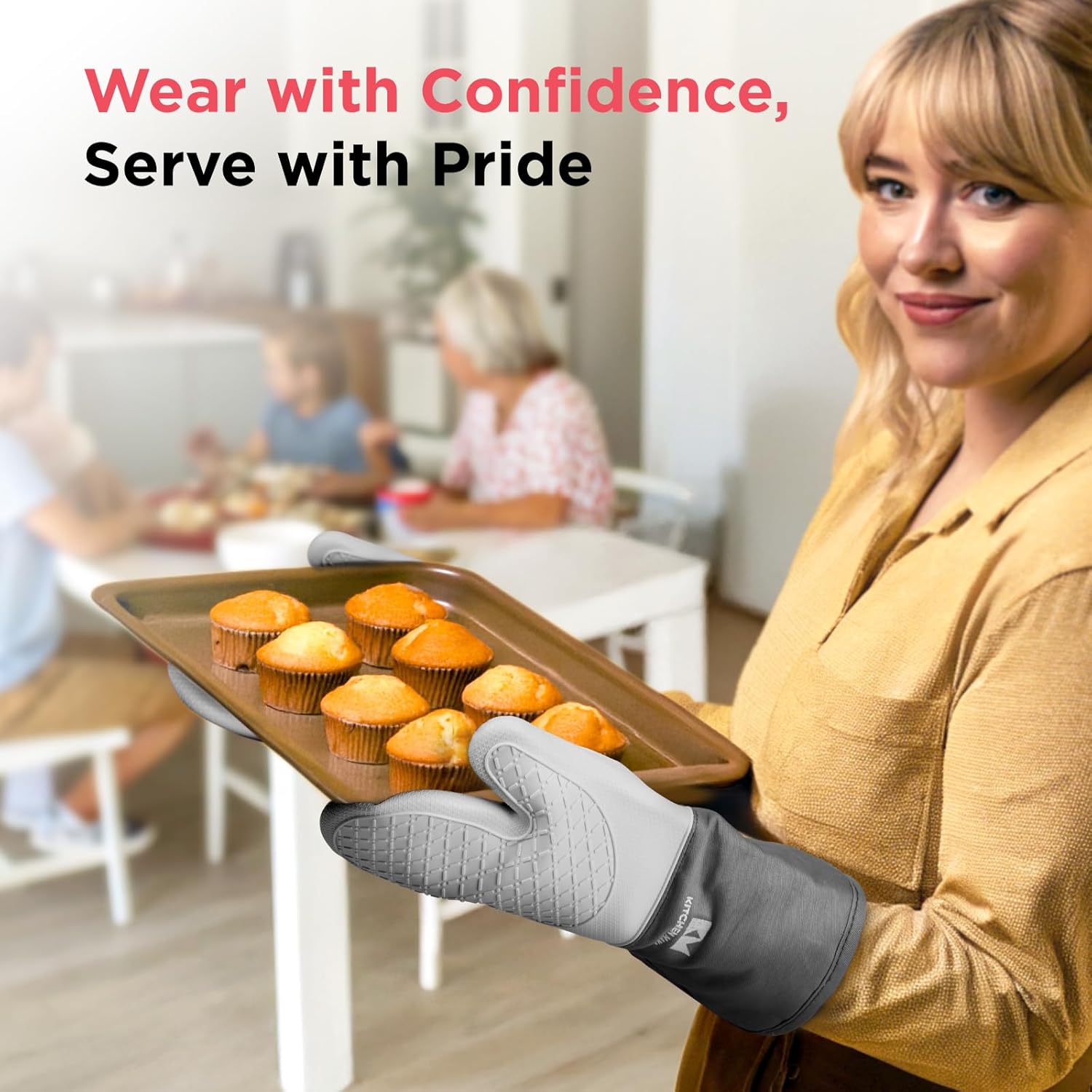 Kitchen Mama UltraShield Silicone Oven Mitts Heat Resistant – Non-Slip, Stain-Resistant, Silicone Cooking Mitts & Pot Holders for Baking, Grilling, Heat Resistant Cooking Gloves (Metal Gray)