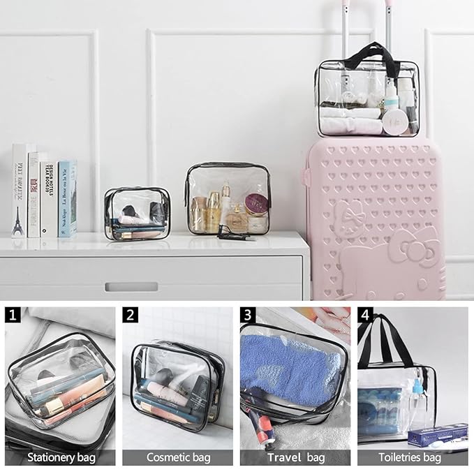 3Pcs Crystal Clear PVC Travel Toiletry Bag Kit for Women Men, Waterproof Vinyl Organizer Clear Makeup Bags with Zipper Handle Straps, Cosmetic Bag Pouch Carry on Airport Airline Compliant Bag Handbag