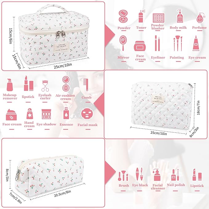 Large Makeup Bag Set, Quilted Makeup Bag, Floral Cosmetic Bag for Women, Cute Cotton Makeup Bags, Flower Travel Toiletry Organizer Bag (white)