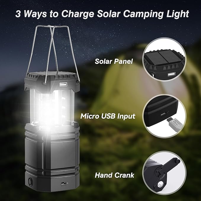 3000 Large Capacity Hand Crank Solar Camping Lantern, Portable Ultra Bright LED Torch, 23-26 Hours Running Time, USB Charger, Electronic Lantern for Outdoor