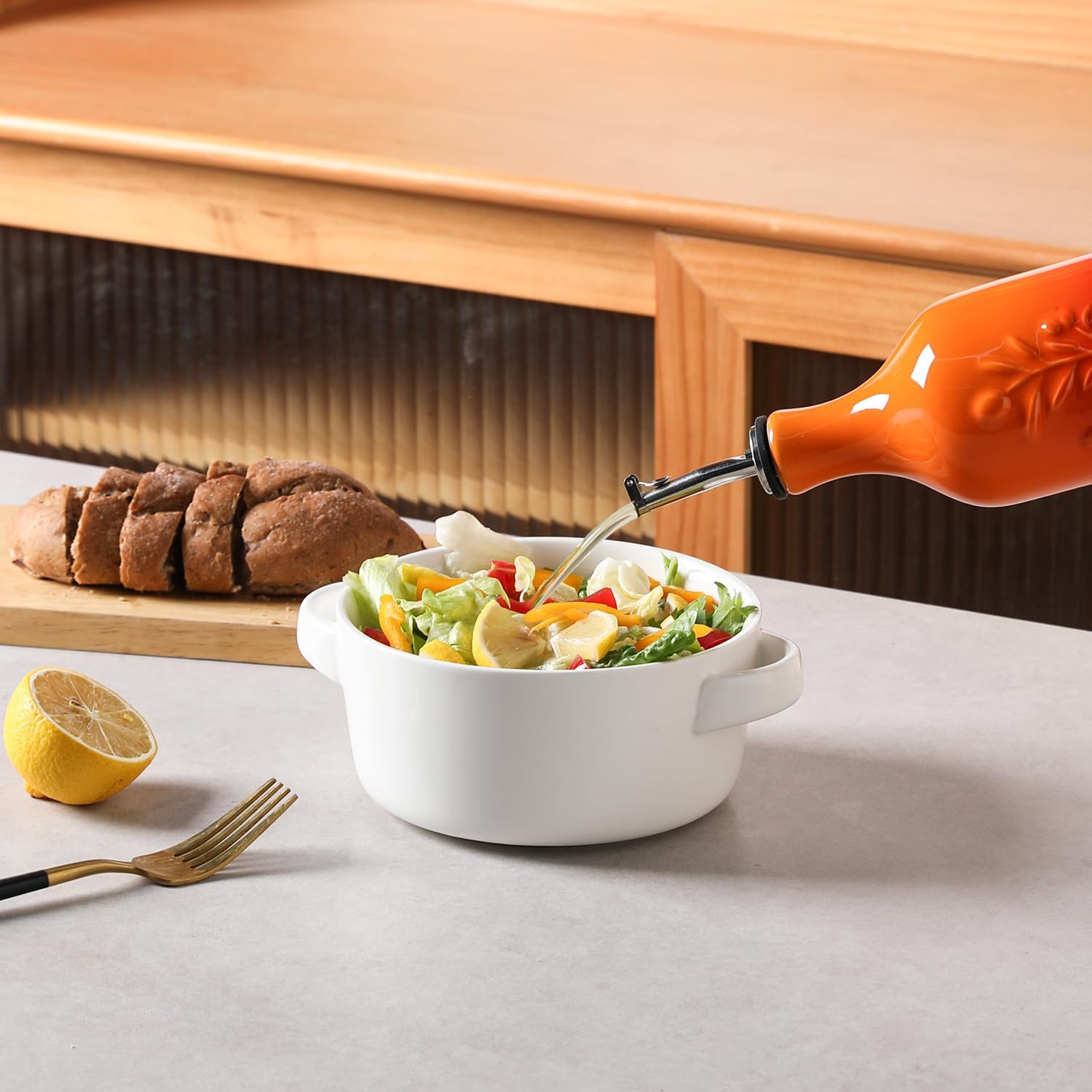 Sweejar Large Olive Oil Dispenser Bottle with Spout, 24 Oz Ceramic Oil Dispenser for Kitchen, Relief Opaque Cruet, Container for Cooking, EVOO, Vinegar, Pack of 1 (GradientOrange)