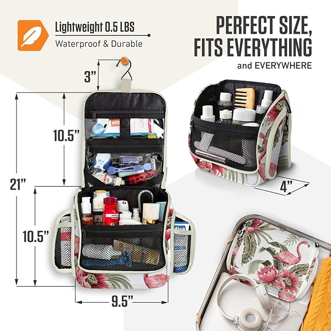 VENTURE 4TH Hanging Travel Toiletry Bag for Women & Men - Travel Organizer with Expandable Compartments & Removable Clear Pouch for Toiletries (Pink Flamingo)