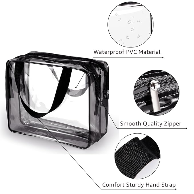 3Pcs Crystal Clear PVC Travel Toiletry Bag Kit for Women Men, Waterproof Vinyl Packing Organizer Storage Bags with Zipper Handle Straps, Cosmetic Pouch Carry on Airport Airline Compliant Bag Handbag