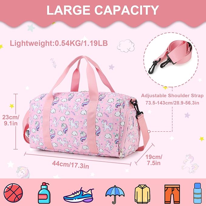Duffle bag for Girls,RAVUO Water Resistant Travel Overnight Weekend Bag Carry On Bag for Gym Sport Dance with Shoe Compartment and Wet Pocket Unicorn