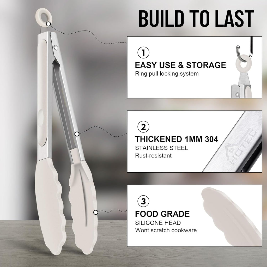 Hotec Silicone Kitchen Tongs for Cooking 9-Inch Serving Tongs with Silicone Tips, Set of 3 (Black Grey Khaki)