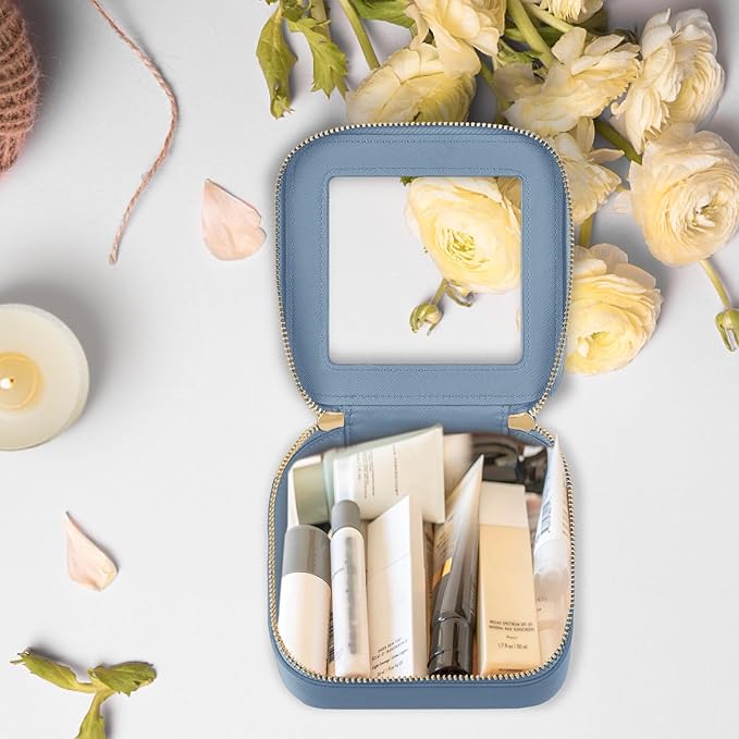 Prite Small Makeup Bag for Women Portable Clear Makeup Bag Cute Mini Waterproof Travel Cosmetic Bag with Gold Zipper for Car Essentials(Blue)