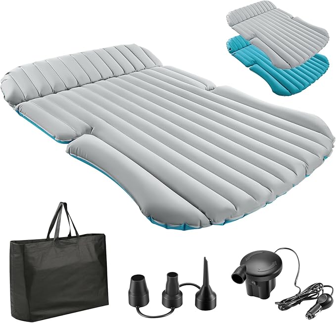 KMZ SUV Air Mattress Double-Sided Car Mattress Camping Bed Inflatable Bed with Electric Pump for SUV Trunk and Rear Seat - Gray and Blue (Without Pillows)