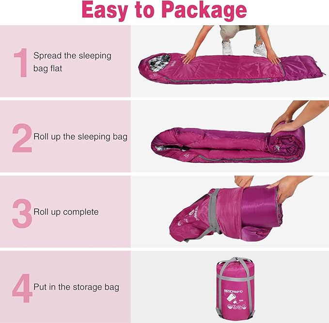 REDCAMP Kids Mummy Sleeping Bag for Camping, 3 Season Cold Weather Sleeping Bag Fit Boys,Girls & Teens, Blue/Rose Red