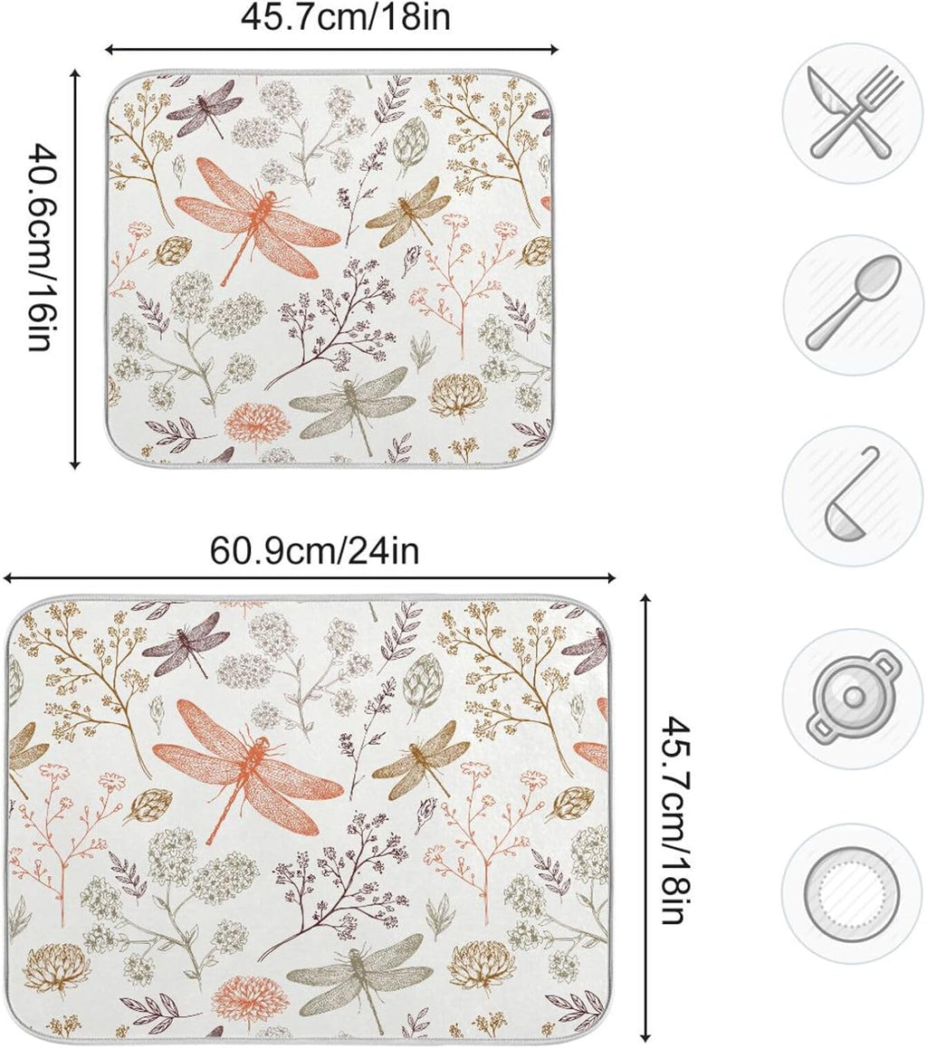 Dragonfly Botanical Plant Dish Drying Mat for Kitchen Counter Absorbent Microfiber Drying Pad, Medium 16x18 in, Reversible Drainer Mats