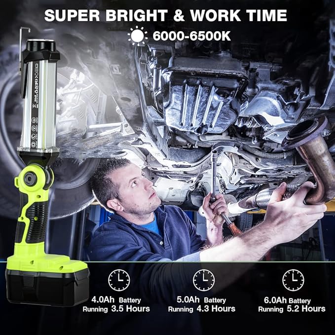 YEX-BUR Flashlight for Ryobi 18V Battery, 25W 2000LM LED Work Light, Portable Floodlights, Camping Light with Hook for Workshop,Garage,Camping,Emergencies