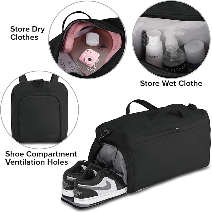 Sports Gym Bag for Women, Travel Workout Duffel Overnight Shoulder Bags with Shoes Compartment and Wet Pocket Lightweight Weekend Waterproof Black