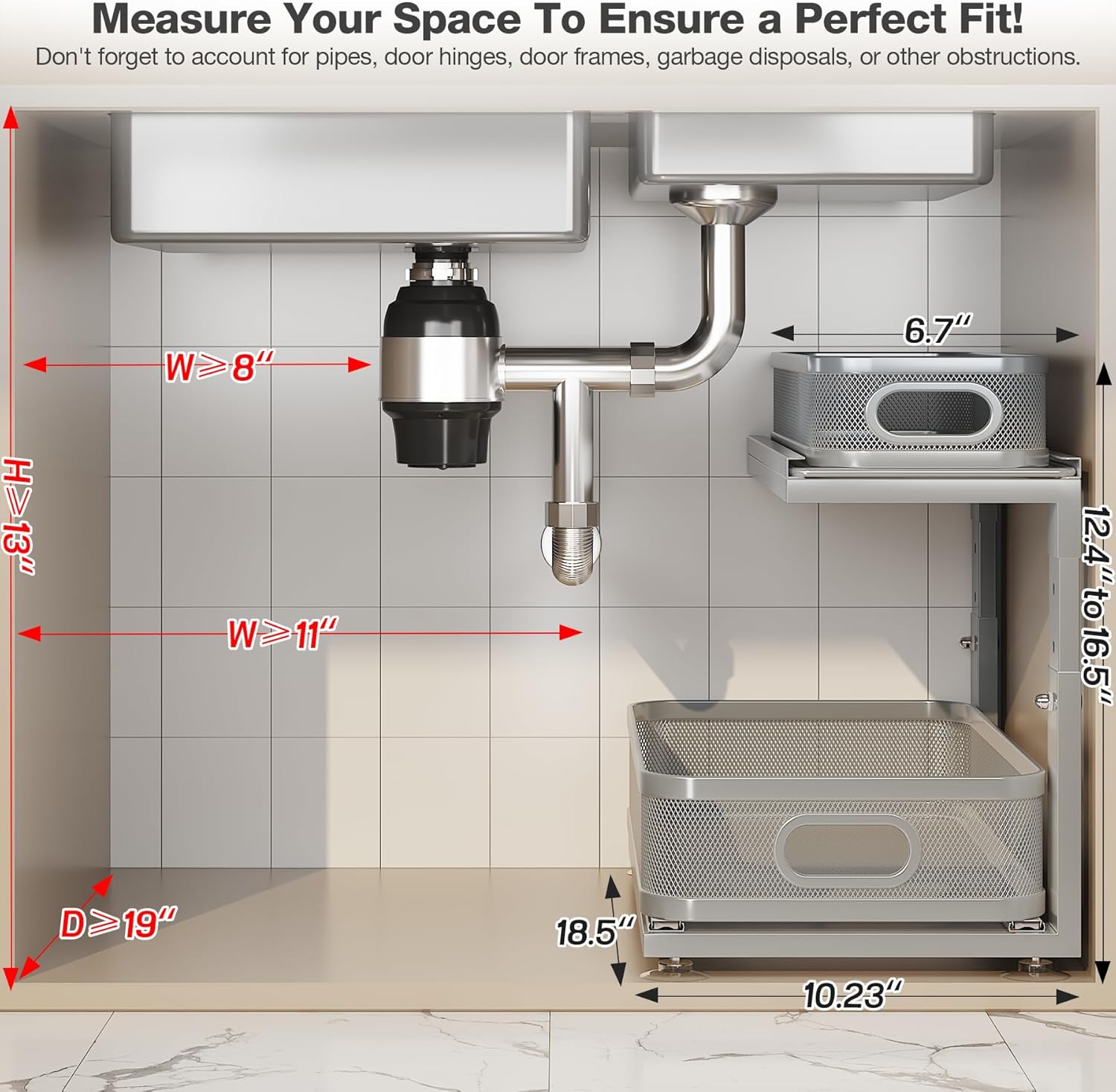 2 Pack 18.5IN-Depth Under Sink Organizer With Next-Gen Ball-Bearing Slides,2-Tier Precision Mesh Pull Out Cabinet Storage for Bathroom&Kitchen,Height Adjustable Drawers Shelf,Anti-rust-Grey